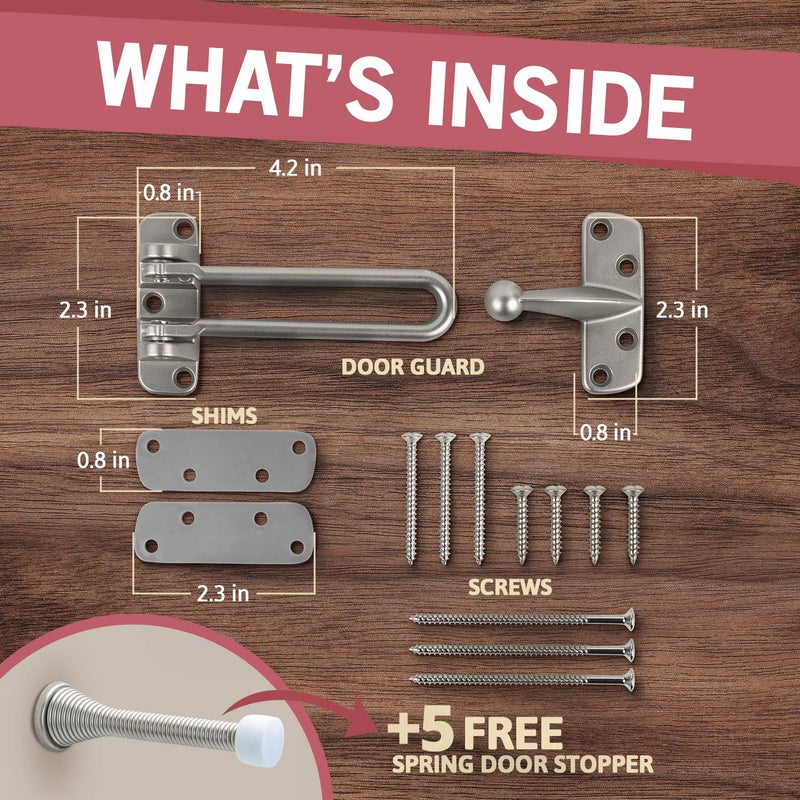 JD Jack N'Drill Jack Nâ€™ Drill Swing Bar Door Lock Durable Door Guard for Back & Front Doors, Childproof Door Security Made from Reinforced Diecast Metal for Home Security (Satin Nickel, 1 Pack & 5 Door Stopper) - Image 2
